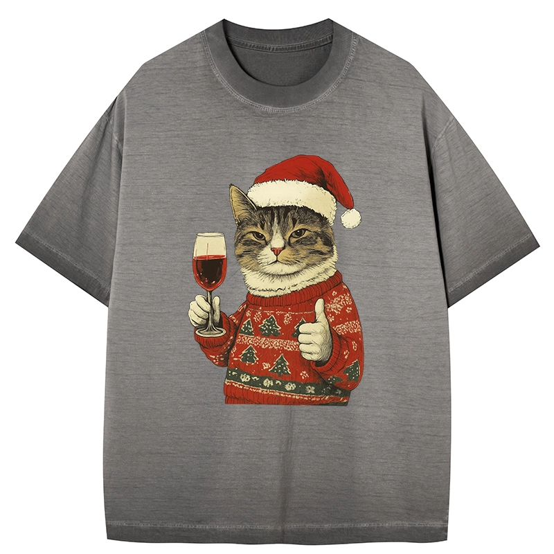Tokyo-Tiger Christmas Cat Likes Gradient Washed T-Shirt