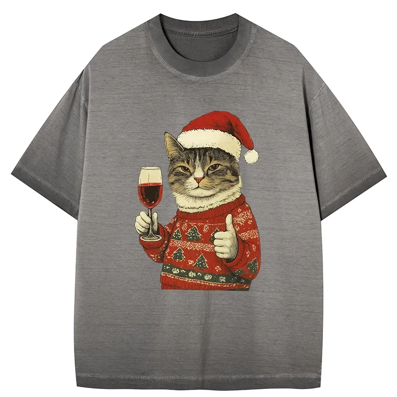 Tokyo-Tiger Christmas Cat Likes Gradient Washed T-Shirt