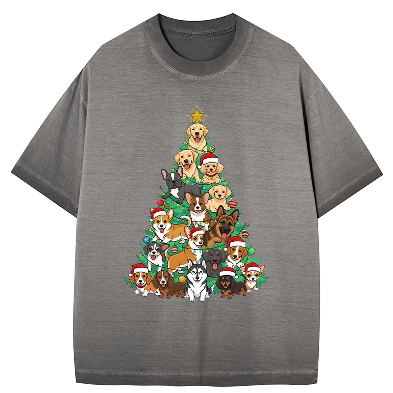 Tokyo-Tiger Christmas Tree Dog Funny Gradient Washed T-Shirt