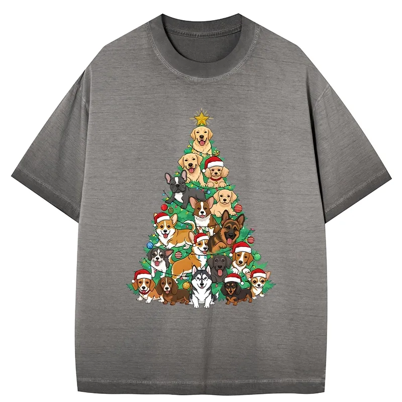 Tokyo-Tiger Christmas Tree Dog Funny Gradient Washed T-Shirt