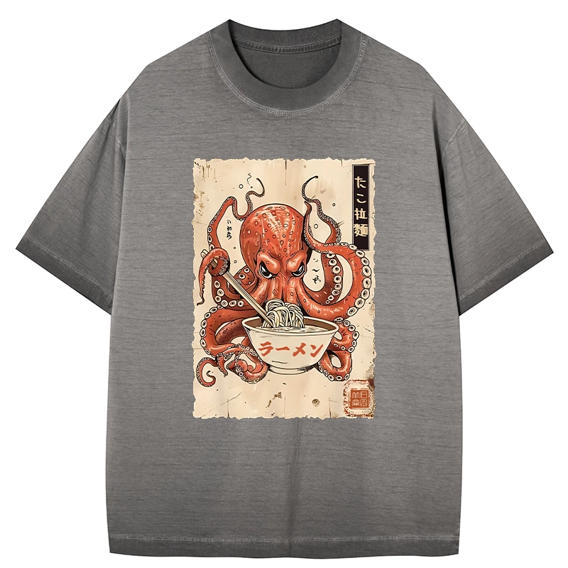 Tokyo-Tiger Retro Octopus Eating Ramen Gradient Washed T-Shirt