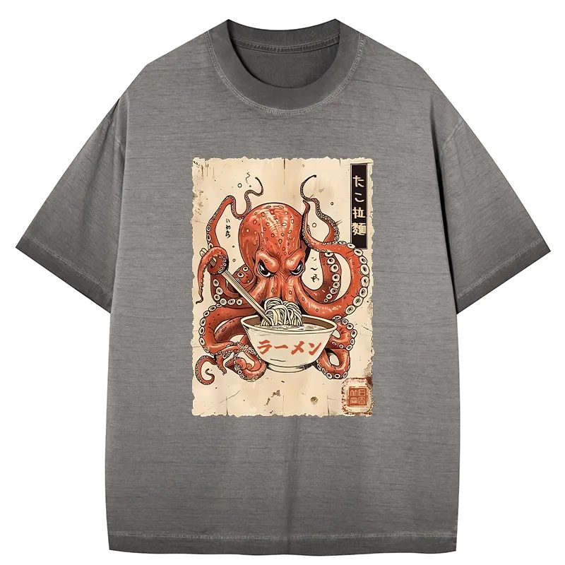 Tokyo-Tiger Retro Octopus Eating Ramen Gradient Washed T-Shirt