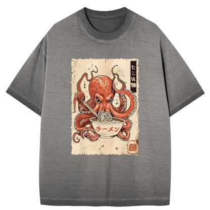 Tokyo-Tiger Retro Octopus Eating Ramen Gradient Washed T-Shirt