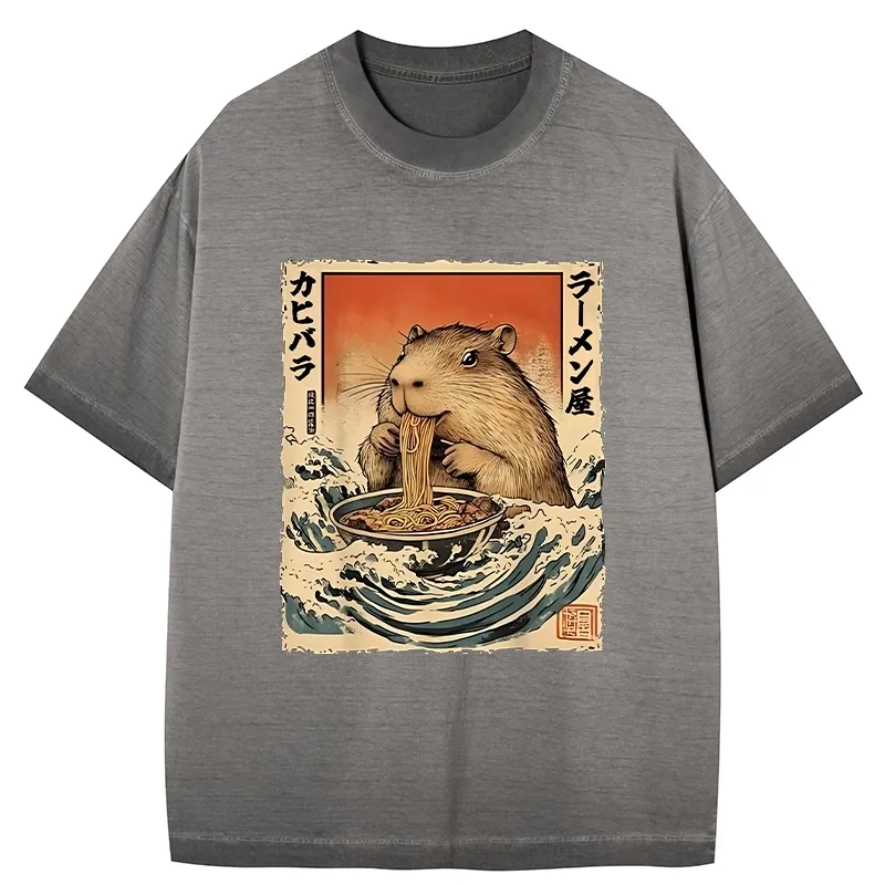 Tokyo-Tiger Hamster Eating Ramen Gradient Washed T-Shirt