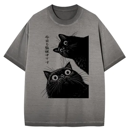 Tokyo-Tiger The Cat Is Watching Today Gradient Washed T-Shirt