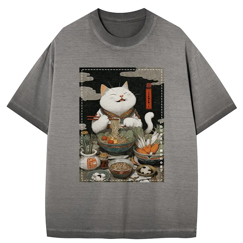 Tokyo-Tiger The Ramen-Loving Cat Gradient Washed T-Shirt