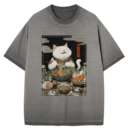 Tokyo-Tiger The Ramen-Loving Cat Gradient Washed T-Shirt