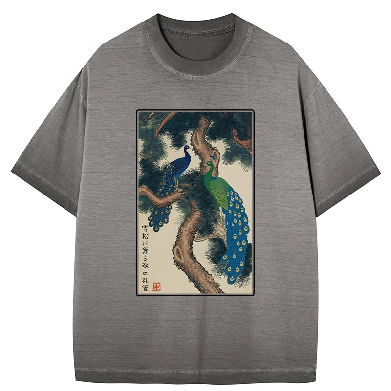 Tokyo-Tiger Peacocks in Snowy Pines Gradient Washed T-Shirt
