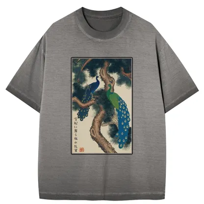 Tokyo-Tiger Peacocks in Snowy Pines Gradient Washed T-Shirt