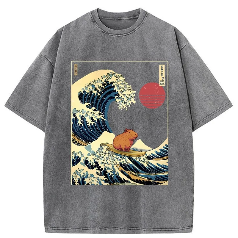 Tokyo-Tiger Capybara Surfing Washed T-Shirt