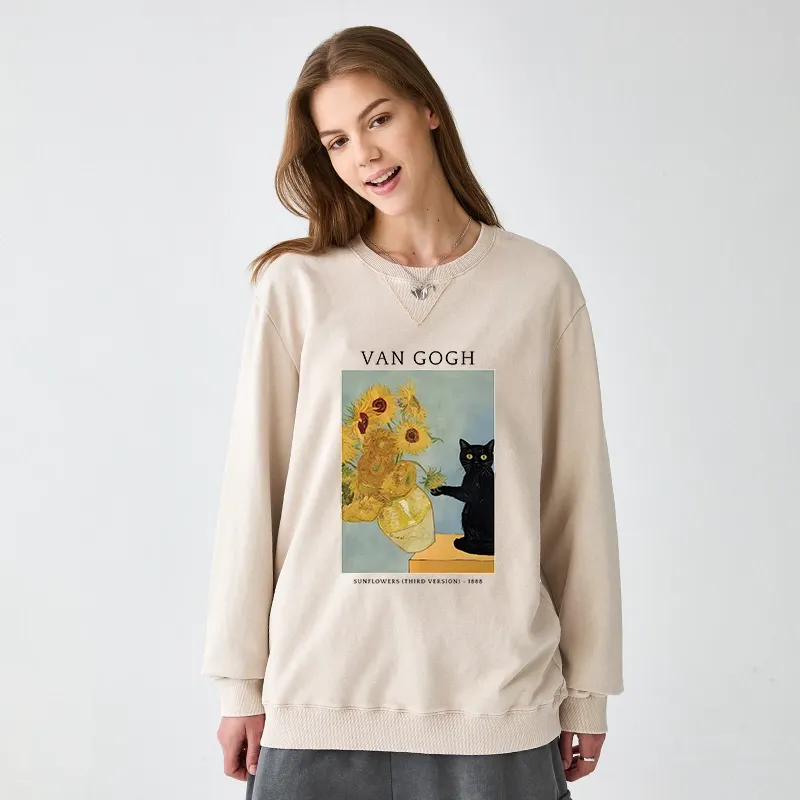 Tokyo-Tiger Black Cat With Sunflowers Washed Terry Sweatshirt