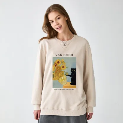 Tokyo-Tiger Black Cat With Sunflowers Washed Terry Sweatshirt