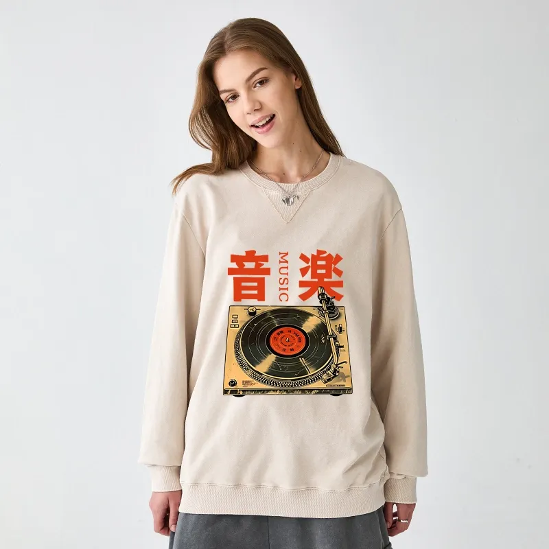 Tokyo-Tiger Retro Music Record Player Washed Terry Sweatshirt