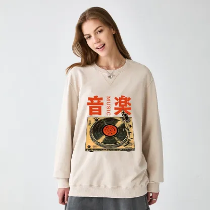 Tokyo-Tiger Retro Music Record Player Washed Terry Sweatshirt