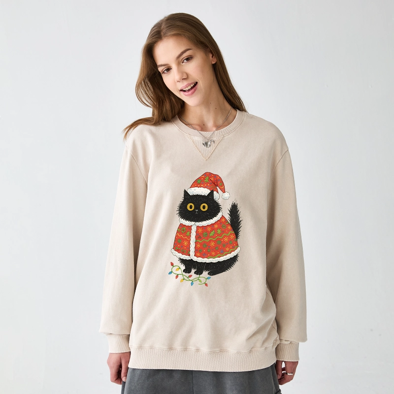 Tokyo-Tiger Cat Wearing Santa Hat Washed Terry Sweatshirt