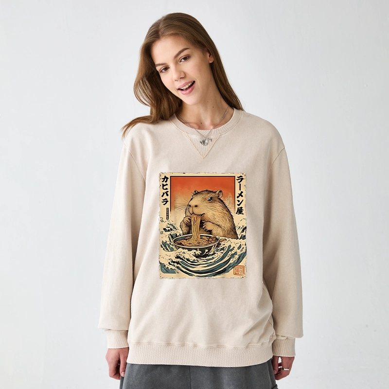 Tokyo-Tiger Hamster Eating Ramen Washed Terry Sweatshirt