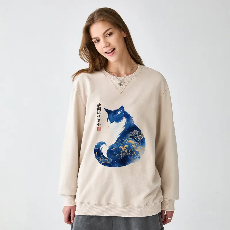 Tokyo-Tiger Retro Zen Cat: Living the Present Washed Terry Sweatshirt