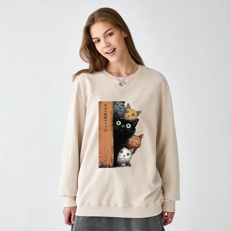 Tokyo-Tiger Five Cats Are Watching You Washed Terry Sweatshirt