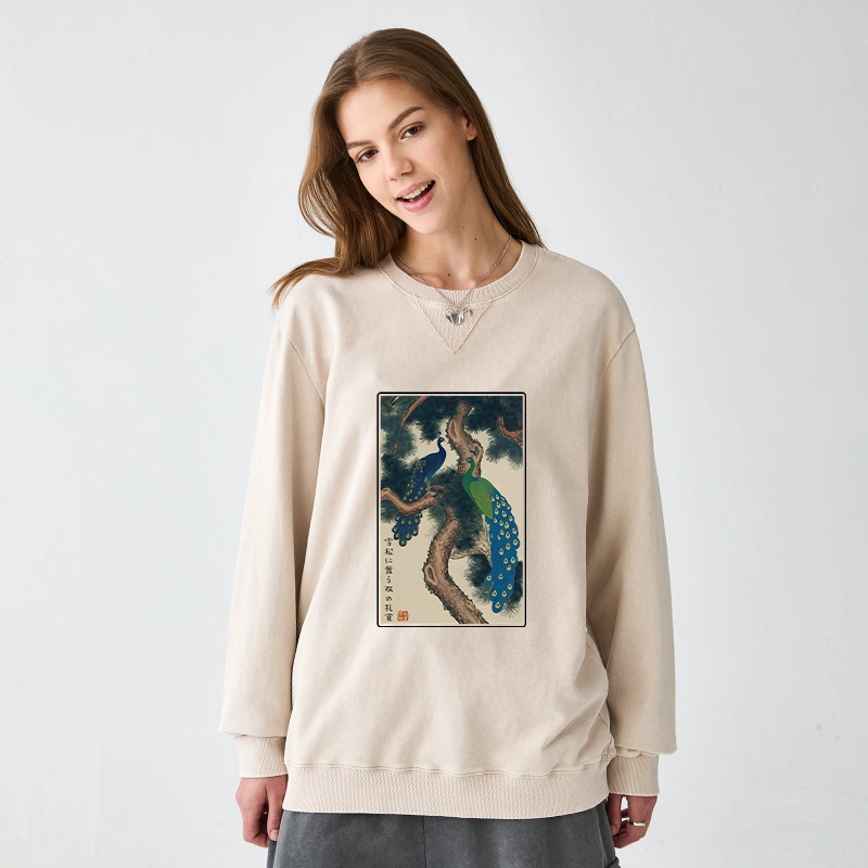 Tokyo-Tiger Peacocks in Snowy Pines Washed Terry Sweatshirt