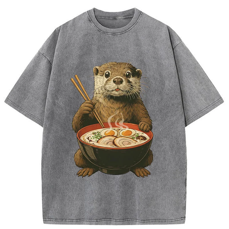 Tokyo-Tiger Otter Eating Ramen Washed T-Shirt