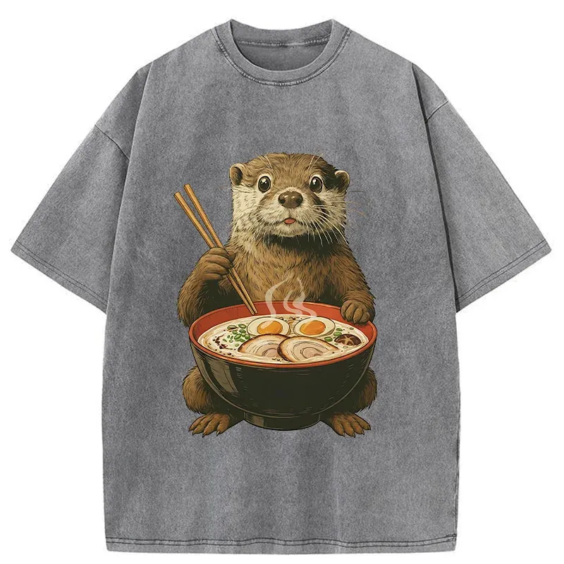 Tokyo-Tiger Otter Eating Ramen Washed T-Shirt