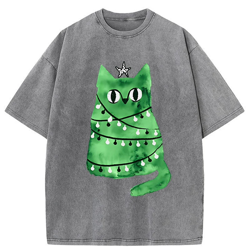 Tokyo-Tiger Christmas Tree Green Cat Washed T-Shirt