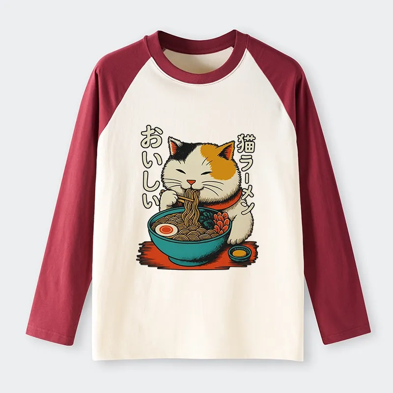 Tokyo-Tiger Cute Eat Eating Japanese Ramen Raglan Long Sleeve T-shirt