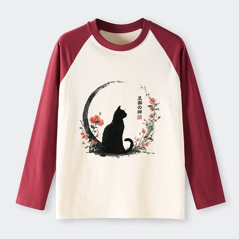 Tokyo-Tiger Black Cat And Flowers Raglan Long Sleeve T-shirt