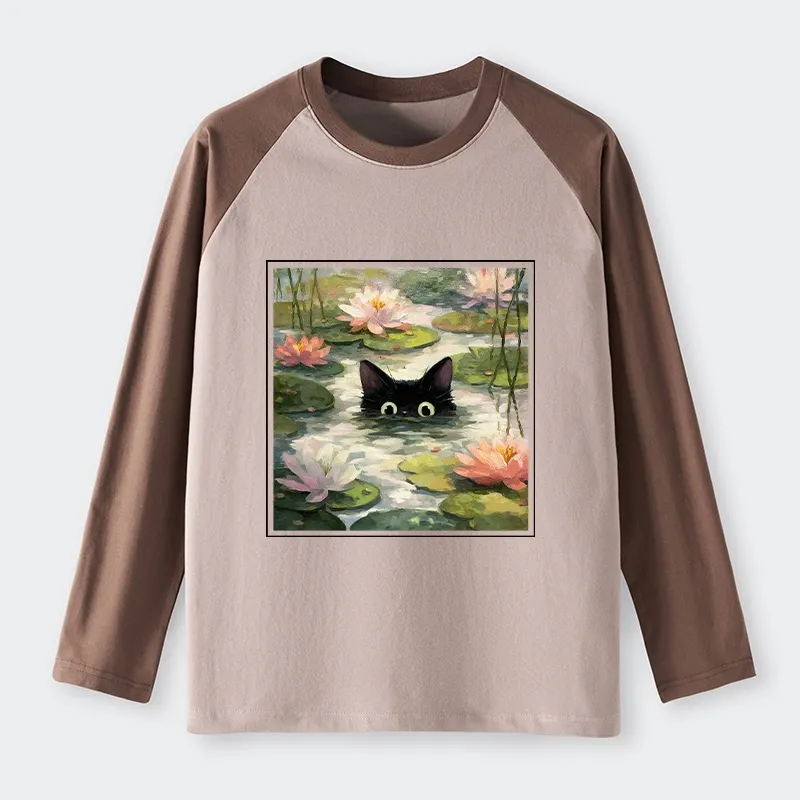 Tokyo-Tiger Black Cat and Lotus Flower Raglan Long Sleeve T-shirt