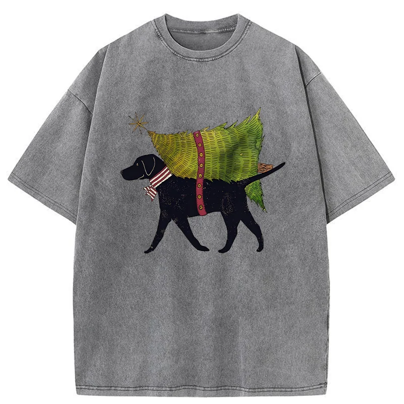 Tokyo-Tiger Dog Carrying Christmas Tree Washed T-Shirt