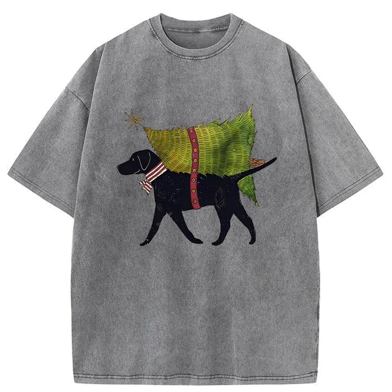 Tokyo-Tiger Dog Carrying Christmas Tree Washed T-Shirt