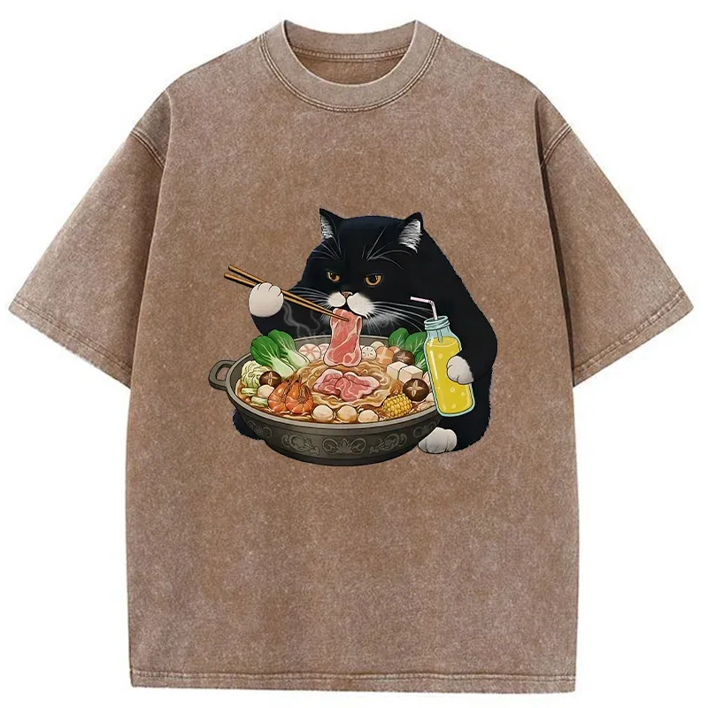 Tokyo-Tiger Black Cat Eating Hot Pot Washed T-Shirt
