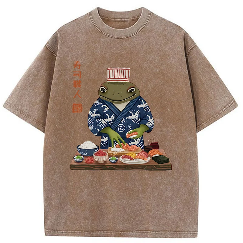 Tokyo-Tiger Frog Sushi Chef Washed T-Shirt