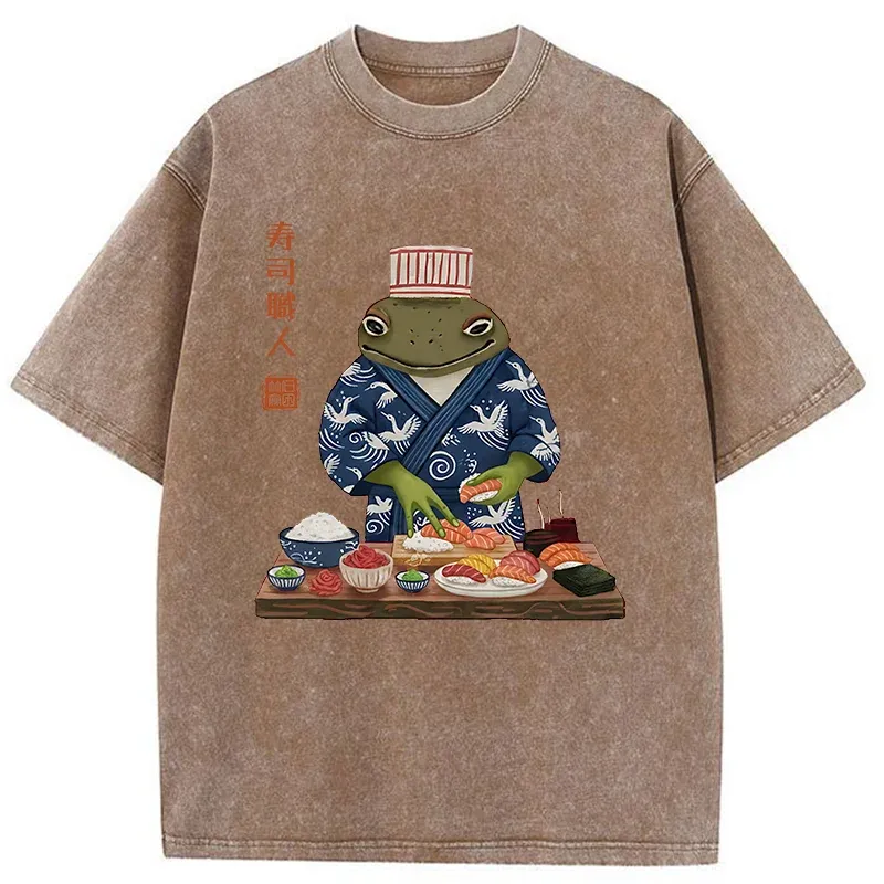 Tokyo-Tiger Frog Sushi Chef Washed T-Shirt