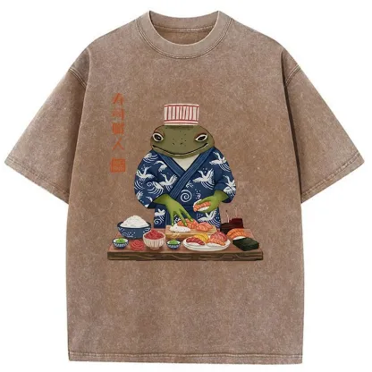 Tokyo-Tiger Frog Sushi Chef Washed T-Shirt