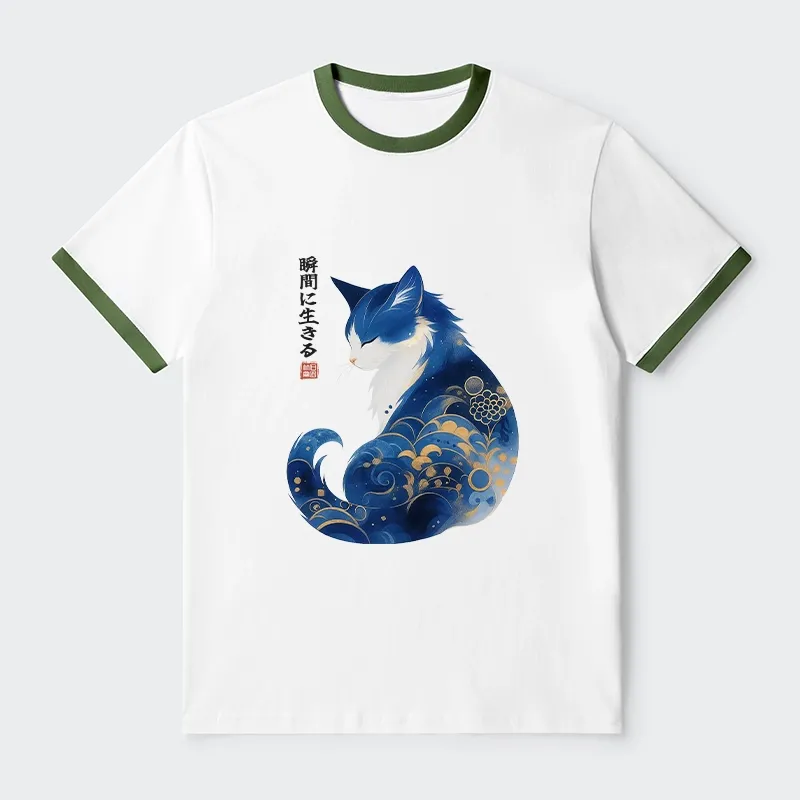 Tokyo-Tiger Retro Zen Cat: Living the Present Trim T-Shirt