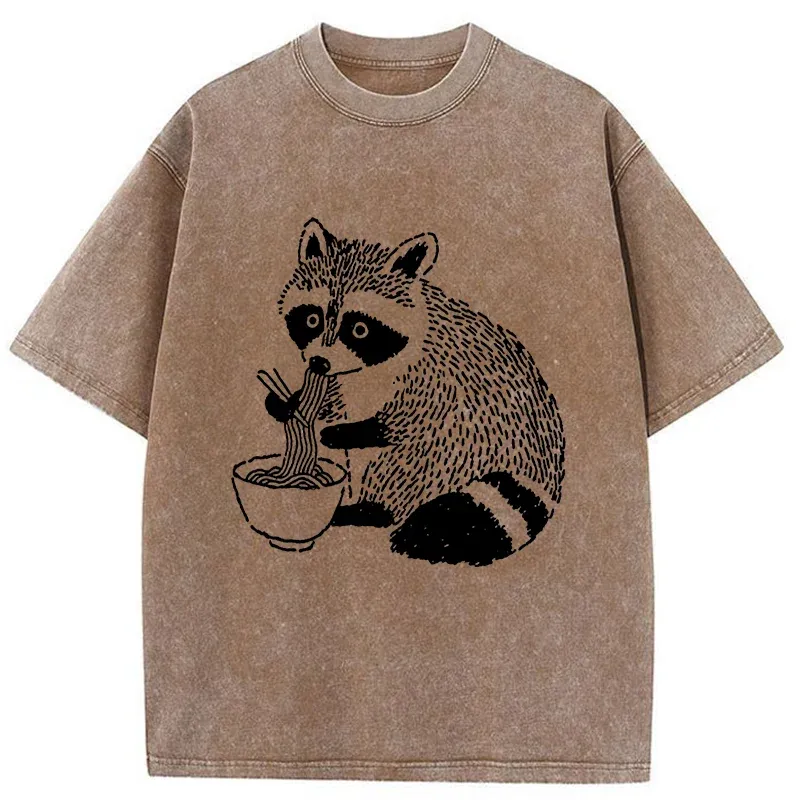 Tokyo-Tiger Cute Raccoon Eating Ramen Washed T-Shirt