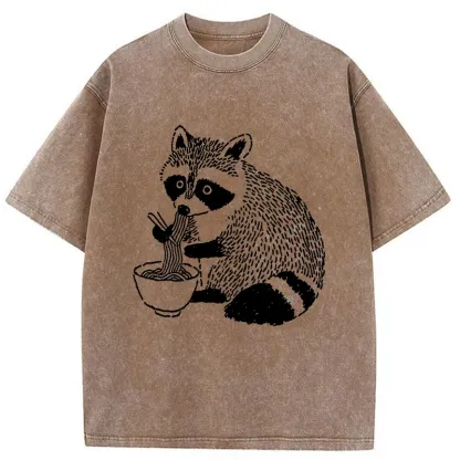 Tokyo-Tiger Cute Raccoon Eating Ramen Washed T-Shirt