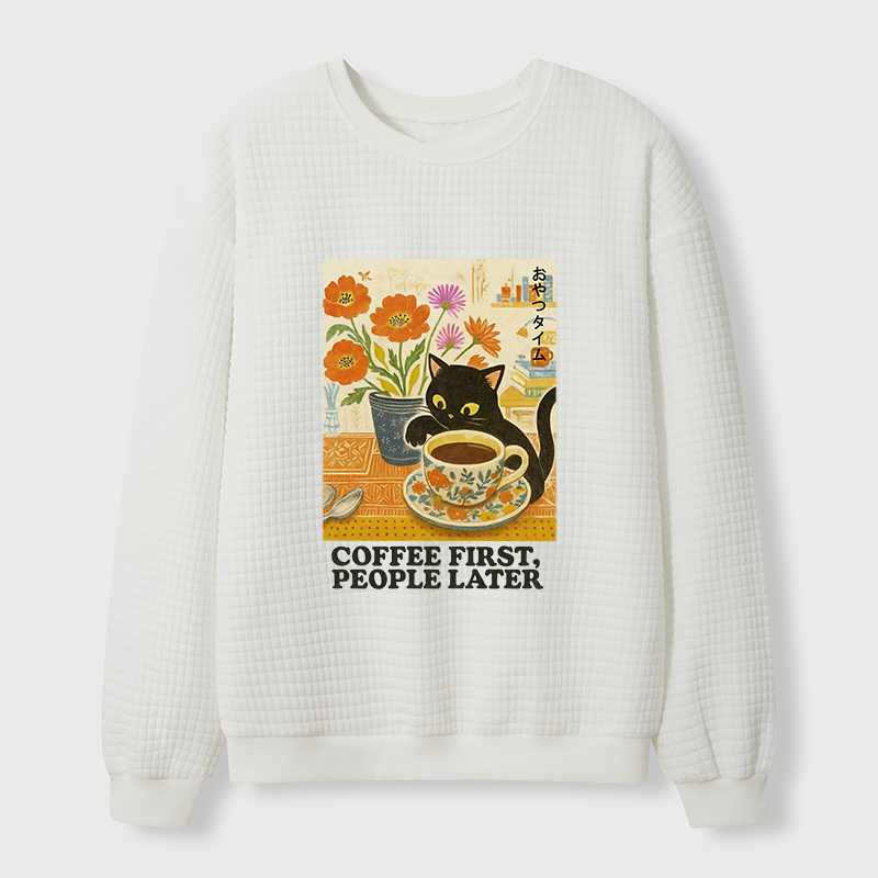 Tokyo-Tiger Kitten Drinks Coffee First Waffle Sweatshirt