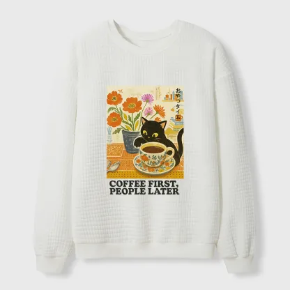 Tokyo-Tiger Kitten Drinks Coffee First Waffle Sweatshirt