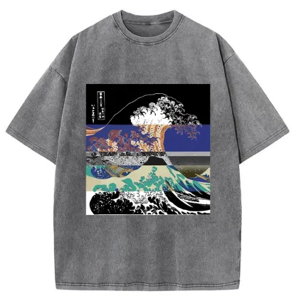 Tokyo-Tiger Ukiyo-e Style Waves Washed T-Shirt