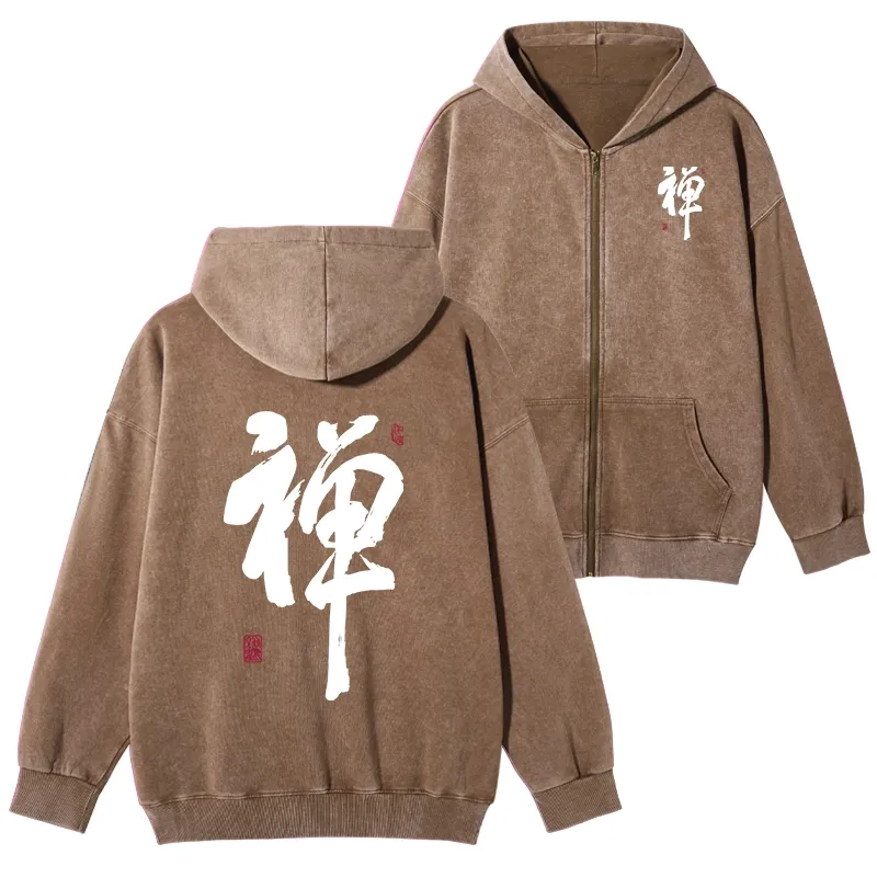 Tokyo-Tiger Japanese Zen Kanji Washed Zip Hoodie