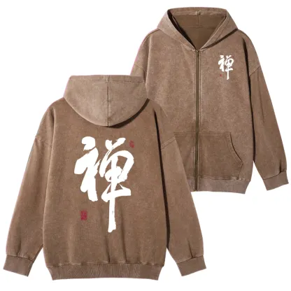 Tokyo-Tiger Japanese Zen Kanji Washed Zip Hoodie