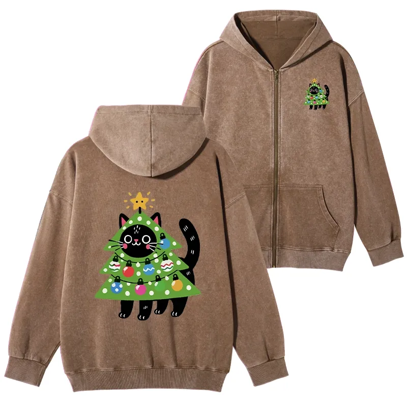 Tokyo-Tiger Christmas Tree Cat Washed Zip Hoodie