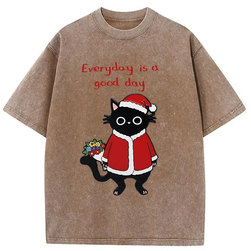 Tokyo-Tiger Christmas Cat Brings You Flowers Washed T-Shirt