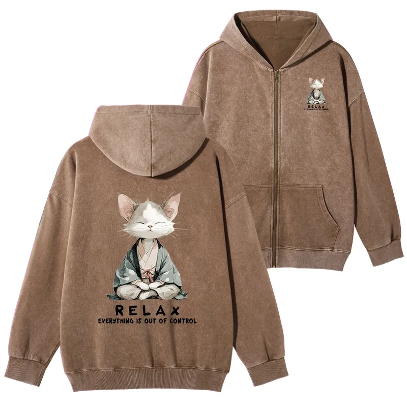 Tokyo-Tiger Zen Cat Relaxation，Everything's Out Of Control Washed Zip Hoodie