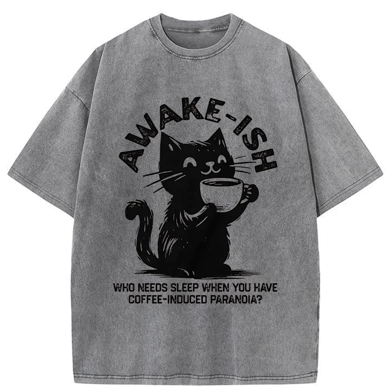 Tokyo-Tiger Staying Awake Because Of Coffee Washed T-Shirt