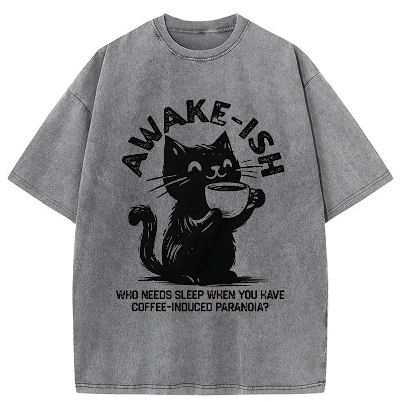 Tokyo-Tiger Staying Awake Because Of Coffee Washed T-Shirt