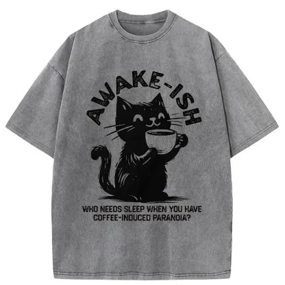 Tokyo-Tiger Staying Awake Because Of Coffee Washed T-Shirt