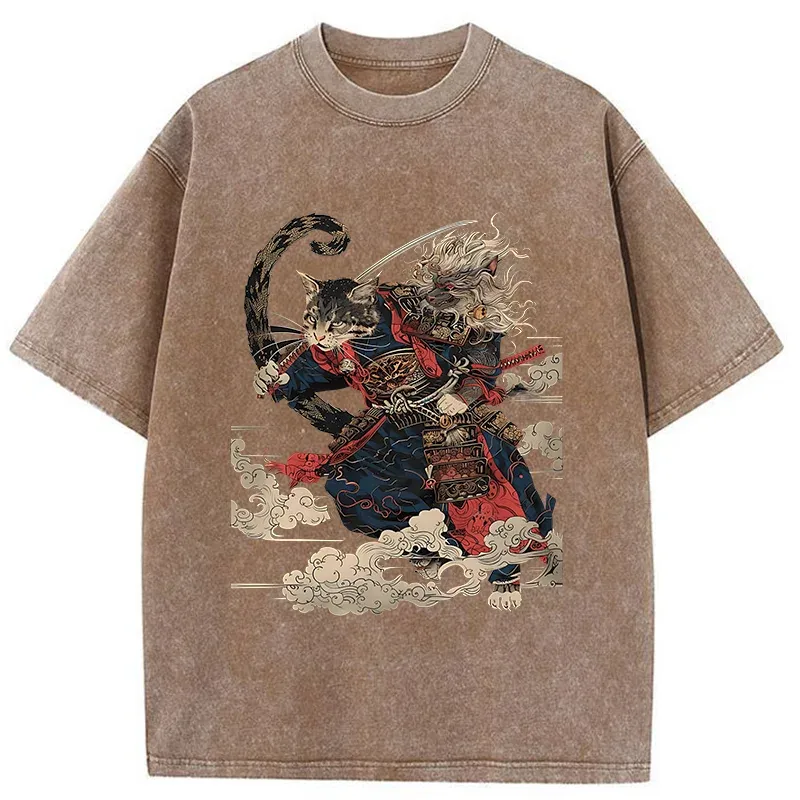 Tokyo-Tiger Gorgeous Samurai Cat Washed T-Shirt